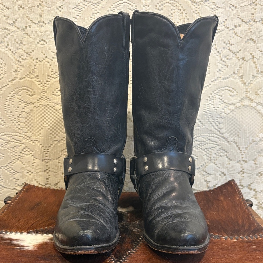 Vintage Black Leather Cowboy Biker Boots